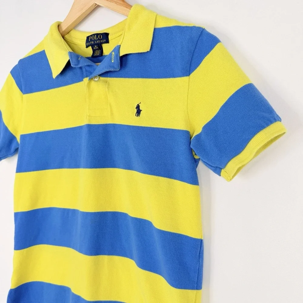 Ralph Lauren Youth Yellow Blue Striped Short Sleeve Rugby Polo Shirt SZ- M 10/12